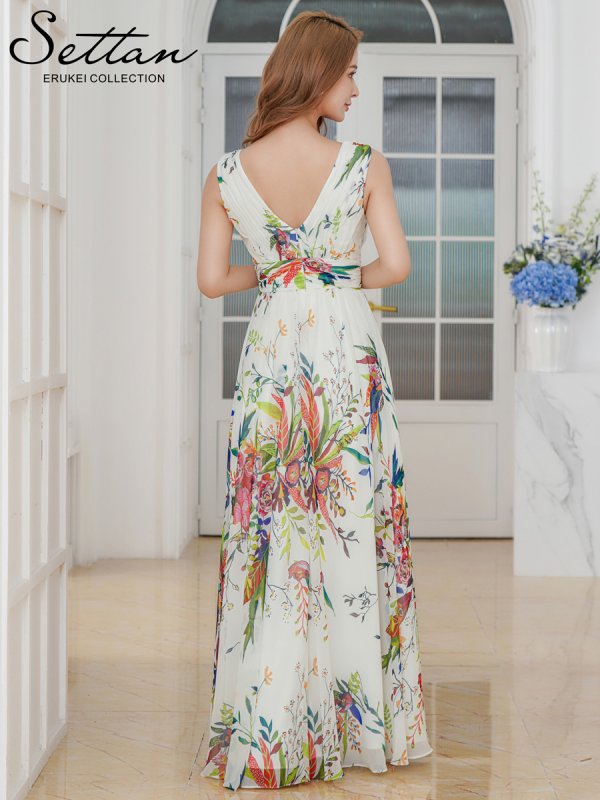 画像15: [送料無料][SETTAN]ブルー・パープル・ホワイト・ベージュシフォン・花柄・フラワープリント・Aライン・Vネック・ノースリーブ・ロングドレス[即日発送][大きいサイズあり] (15)