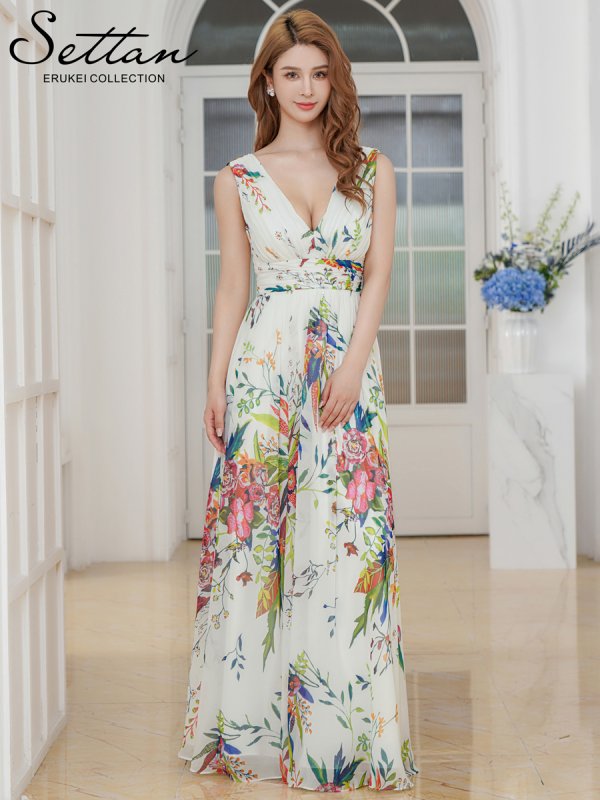 画像11: [送料無料][SETTAN]ベージュ・ホワイト・ブルー・パープル・フラワープリント・Aライン・Vネック・ノースリーブ・ロングドレス[即日発送][大きいサイズあり] (11)