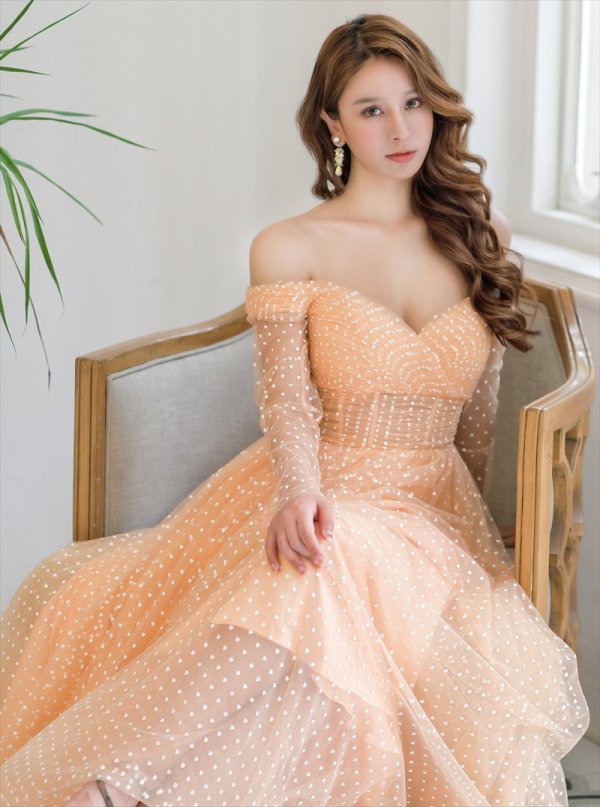 画像6: [送料無料][SETTAN]ベージュ・ハート・ドット・チュールレース・オフショルダー・ロングスリーブ・Aライン・ロングドレス[即日発送][大きいサイズあり] (6)