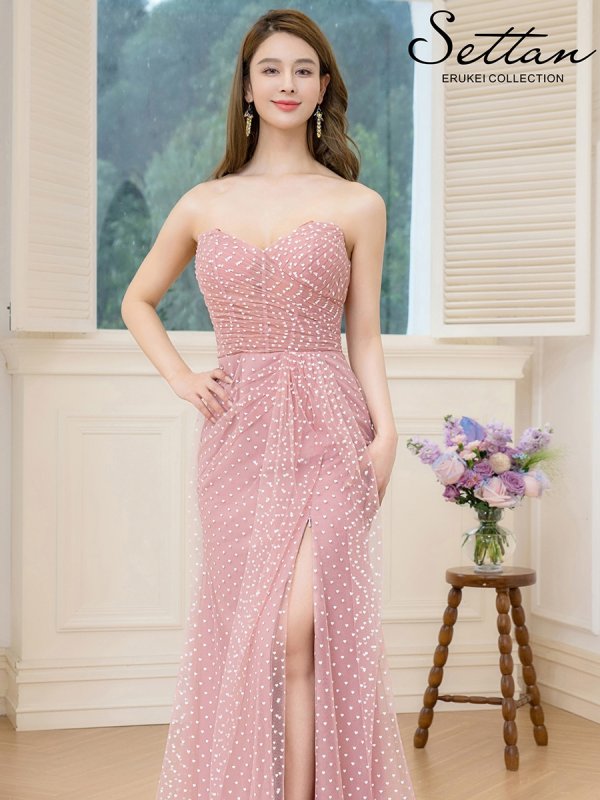 画像8: [送料無料][SETTAN]ホワイト・ピンク×ホワイト・ブラック×ホワイト・チュールレース・ベアトップ・ビスチェ・ハート・スリット・マーメイド・ロングドレス[即日発送][大きいサイズあり] (8)