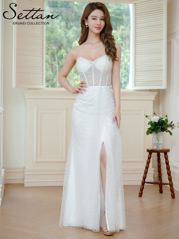 画像2: [送料無料][SETTAN]ホワイト・ピンク×ホワイト・ブラック×ホワイト・チュールレース・ベアトップ・ビスチェ・ハート・スリット・マーメイド・ロングドレス[即日発送][大きいサイズあり] (2)