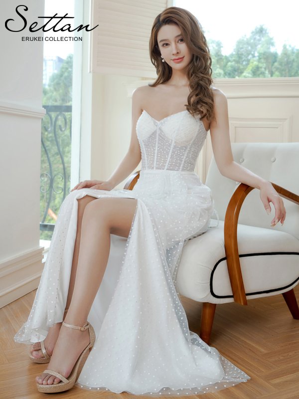 画像6: [送料無料][SETTAN]ホワイト・ピンク×ホワイト・ブラック×ホワイト・チュールレース・ベアトップ・ビスチェ・ハート・スリット・マーメイド・ロングドレス[即日発送][大きいサイズあり] (6)