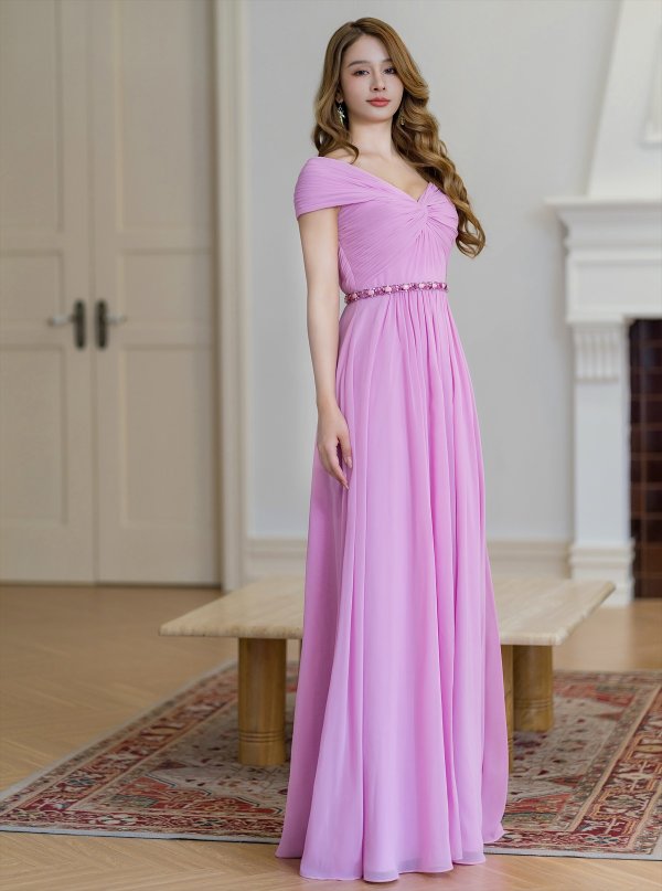 画像8: [送料無料][SETTAN]イエロー・パープル・ワンカラー・シフォン・ビジュー・シンプル・オフショルダー・Aライン・ロングドレス[即日発送][大きいサイズあり] (8)