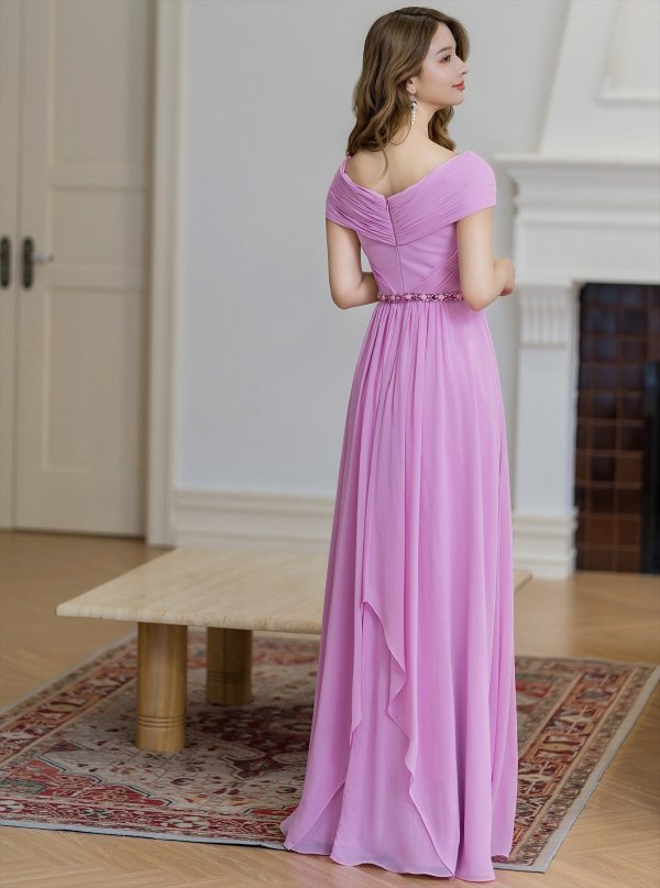 画像9: [送料無料][SETTAN]イエロー・パープル・ワンカラー・シフォン・ビジュー・シンプル・オフショルダー・Aライン・ロングドレス[即日発送][大きいサイズあり] (9)