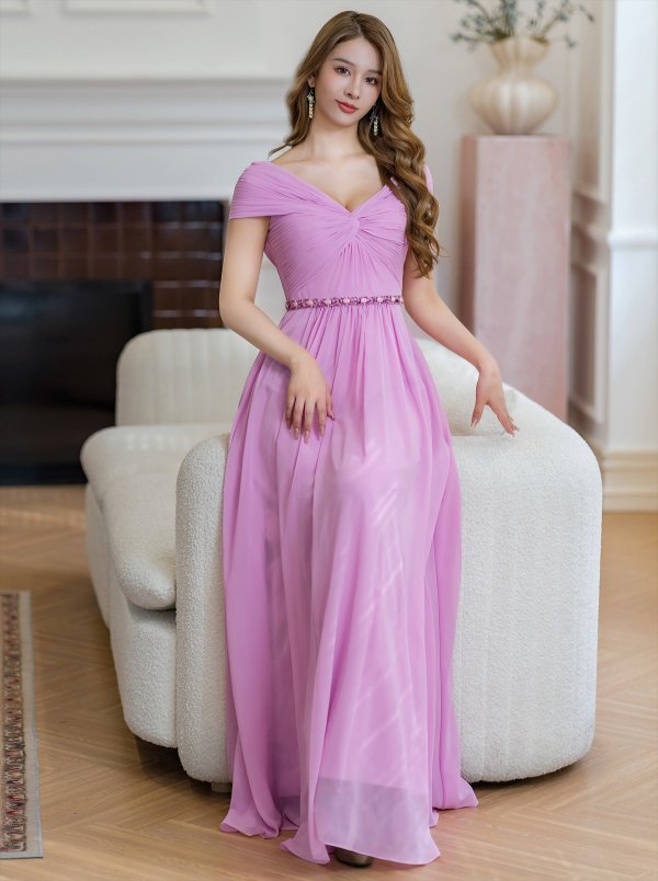 画像12: [送料無料][SETTAN]イエロー・パープル・ワンカラー・シフォン・ビジュー・シンプル・オフショルダー・Aライン・ロングドレス[即日発送][大きいサイズあり] (12)