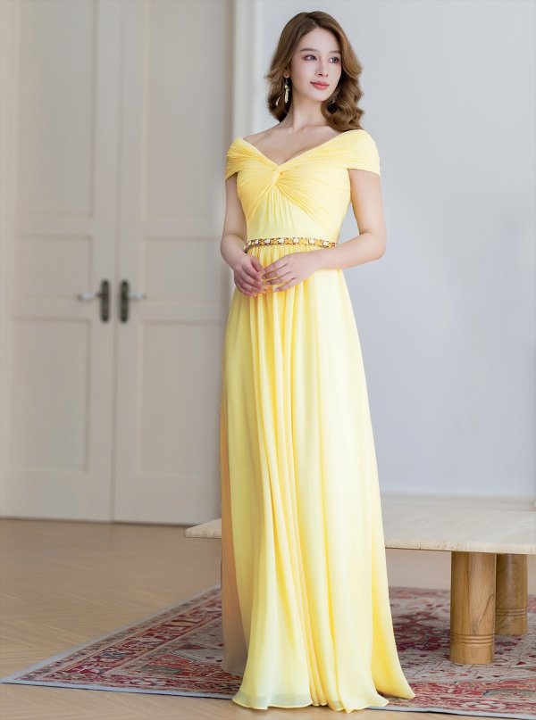 画像2: [送料無料][SETTAN]イエロー・パープル・ワンカラー・シフォン・ビジュー・シンプル・オフショルダー・Aライン・ロングドレス[即日発送][大きいサイズあり] (2)