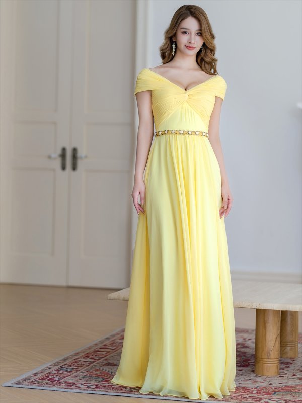 画像5: [送料無料][SETTAN]イエロー・パープル・ワンカラー・シフォン・ビジュー・シンプル・オフショルダー・Aライン・ロングドレス[即日発送][大きいサイズあり] (5)