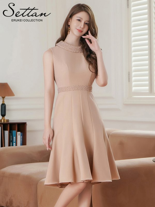 画像18: [送料無料][SETTAN]ネイビー・ホワイト・ブルー・ベージュ・首元パール・シンプル・ノースリーブ・Aライン・ひざ丈・ミディアムドレス・ワンピース[即日発送][大きいサイズあり] (18)