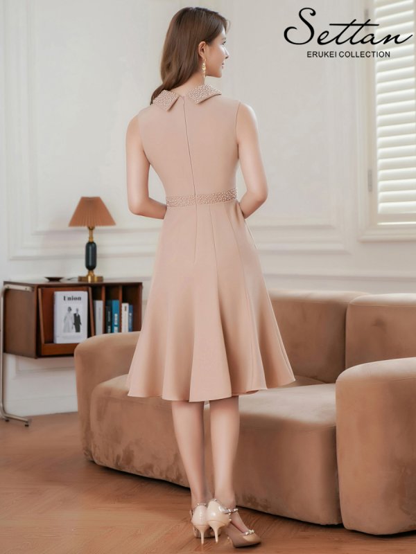 画像19: [送料無料][SETTAN]ネイビー・ホワイト・ブルー・ベージュ・首元パール・シンプル・ノースリーブ・Aライン・ひざ丈・ミディアムドレス・ワンピース[即日発送][大きいサイズあり] (19)