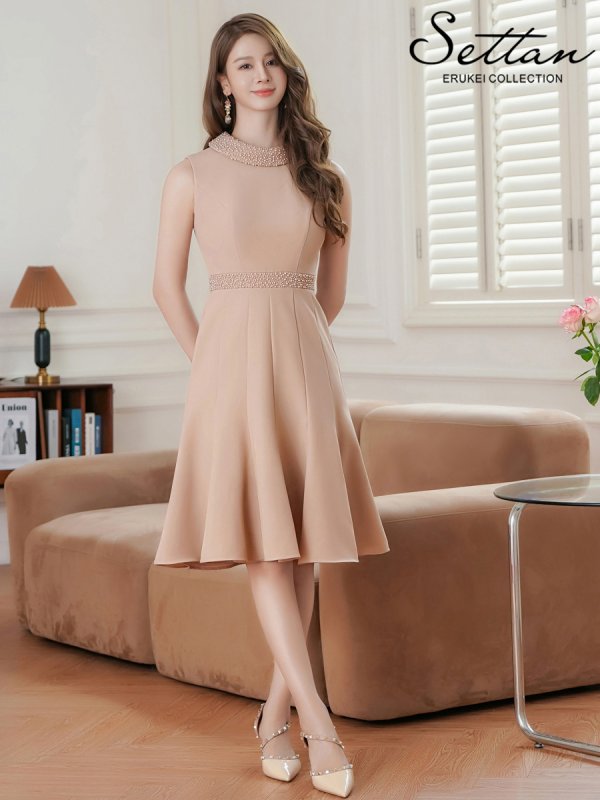 画像5: [送料無料][SETTAN]ベージュ・ネイビー・ホワイト・ブルー・首元パール・シンプル・ノースリーブ・Aライン・ひざ丈・ミディアムドレス・ワンピース[即日発送][大きいサイズあり] (5)
