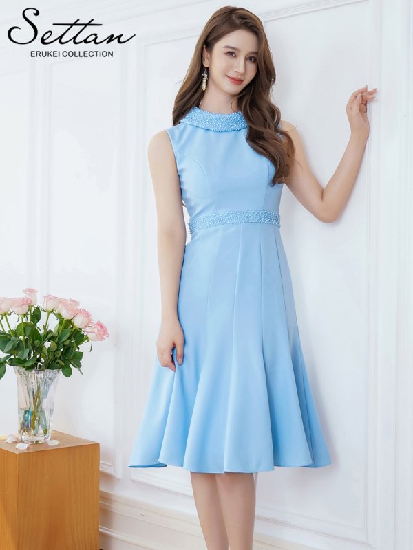 画像14: [送料無料][SETTAN]ネイビー・ホワイト・ブルー・ベージュ・首元パール・シンプル・ノースリーブ・Aライン・ひざ丈・ミディアムドレス・ワンピース[即日発送][大きいサイズあり] (14)