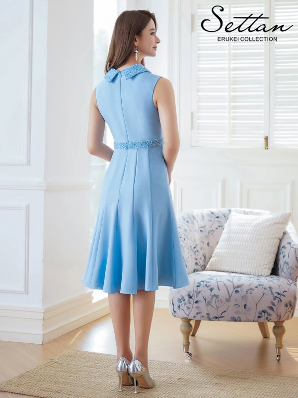 画像15: [送料無料][SETTAN]ネイビー・ホワイト・ブルー・ベージュ・首元パール・シンプル・ノースリーブ・Aライン・ひざ丈・ミディアムドレス・ワンピース[即日発送][大きいサイズあり] (15)