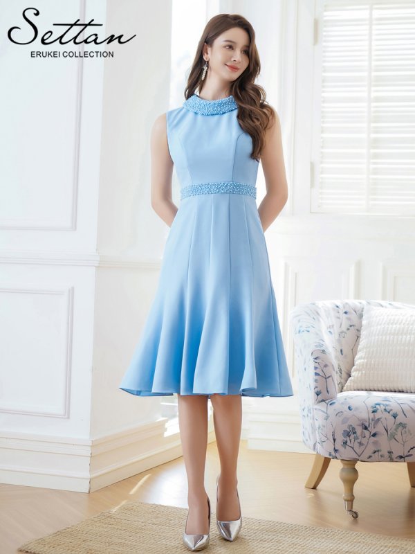 画像11: [送料無料][SETTAN]ホワイト・ブルー・ネイビー・ベージュ・シンプル・ノースリーブ・Aライン・首元パール・ひざ丈・ミディアムドレス・ワンピース[即日発送][大きいサイズあり] (11)