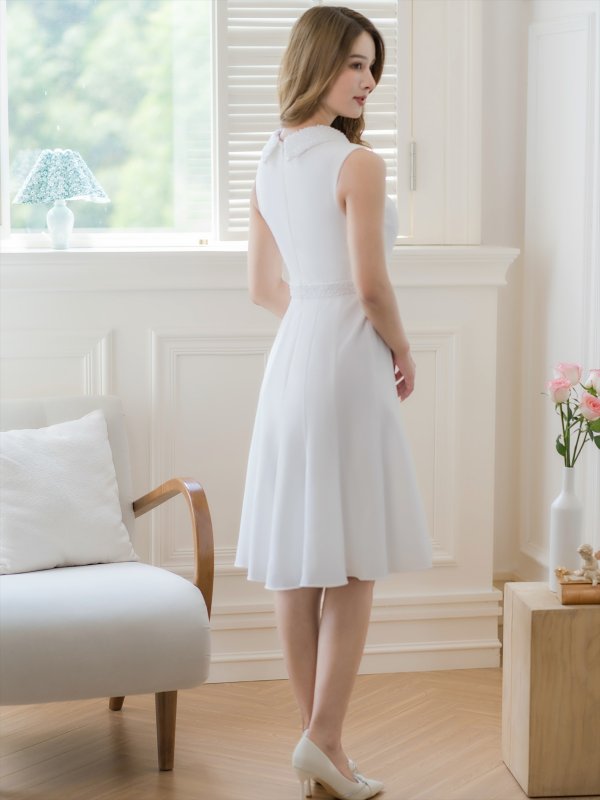 画像9: [送料無料][SETTAN]ネイビー・ホワイト・ブルー・ベージュ・首元パール・シンプル・ノースリーブ・Aライン・ひざ丈・ミディアムドレス・ワンピース[即日発送][大きいサイズあり] (9)