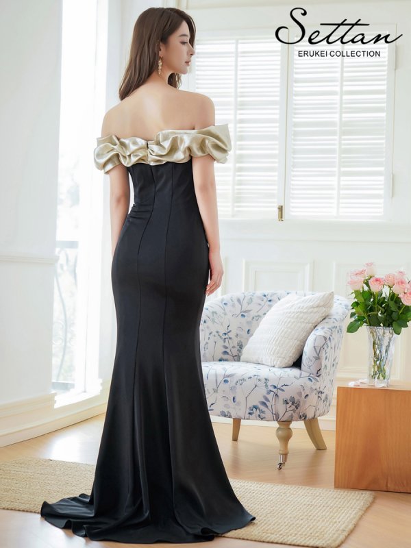画像3: [送料無料][SETTAN]ブラック×ベージュ・ブラック×シルバー・バイカラー・オフショルダー・メタリック・シャーリング・マーメイド・タイト・ロングドレス[即日発送][大きいサイズあり] (3)