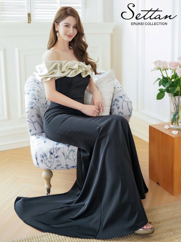 画像6: [送料無料][SETTAN]ブラック×ベージュ・ブラック×シルバー・バイカラー・オフショルダー・メタリック・シャーリング・マーメイド・タイト・ロングドレス[即日発送][大きいサイズあり] (6)