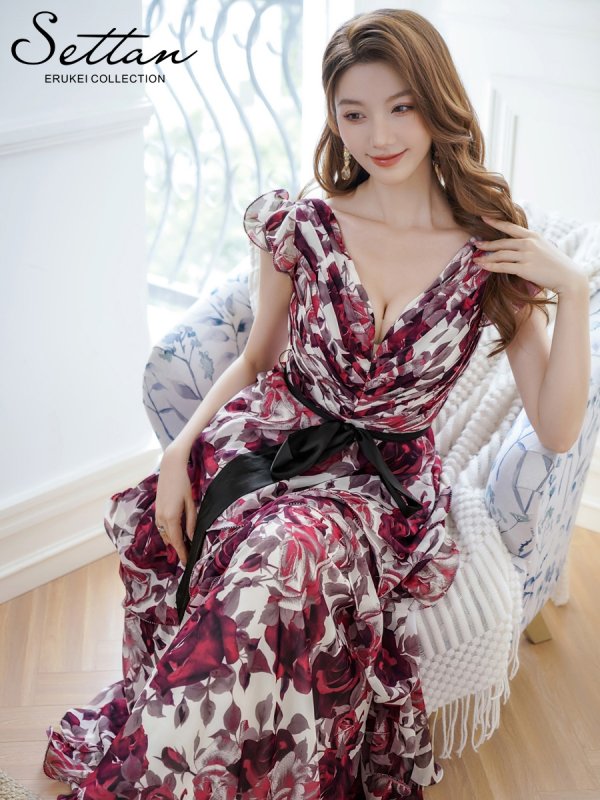 画像6: [送料無料][SETTAN]ホワイト×ワインレッド・ベージュ×ピンク・フラワープリント・ティアード・フリル・キュート・ロングドレス[即日発送][大きいサイズあり] (6)
