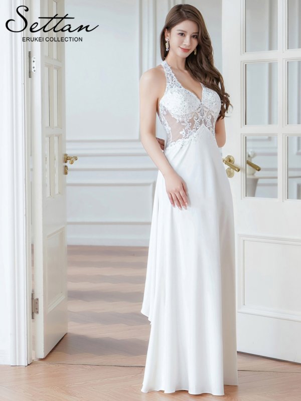 画像2: [送料無料][SETTAN]ホワイト・ワインレッド・ピンク・ホルターネック・エレガント・胸元レース・ラインストーン・Aライン・ロングドレス[即日発送][大きいサイズあり] (2)