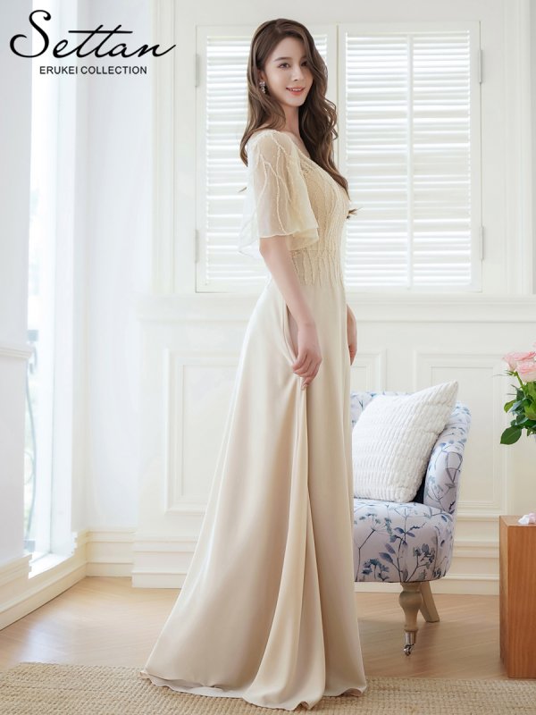 画像2: [送料無料][SETTAN]ベージュ・ワインレッド・Ｖネック・フレアスリーブ・Aライン・エレガント・チュールレース ・ビーズ・スパンコール・ロングドレス[即日発送][大きいサイズあり] (2)