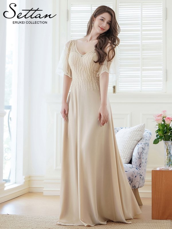 画像5: [送料無料][SETTAN]ベージュ・ワインレッド・Ｖネック・フレアスリーブ・Aライン・エレガント・チュールレース ・ビーズ・スパンコール・ロングドレス[即日発送][大きいサイズあり] (5)