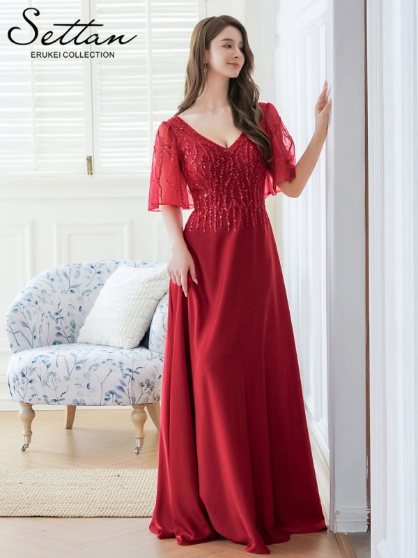 画像8: [送料無料][SETTAN]ベージュ・ワインレッド・Ｖネック・フレアスリーブ・Aライン・エレガント・チュールレース ・ビーズ・スパンコール・ロングドレス[即日発送][大きいサイズあり] (8)