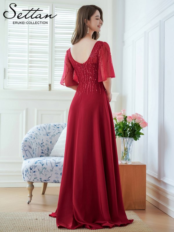 画像9: [送料無料][SETTAN]ベージュ・ワインレッド・Ｖネック・フレアスリーブ・Aライン・エレガント・チュールレース ・ビーズ・スパンコール・ロングドレス[即日発送][大きいサイズあり] (9)