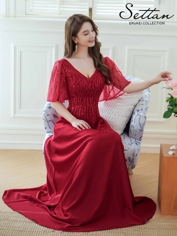 画像12: [送料無料][SETTAN]ベージュ・ワインレッド・Ｖネック・フレアスリーブ・Aライン・エレガント・チュールレース ・ビーズ・スパンコール・ロングドレス[即日発送][大きいサイズあり] (12)