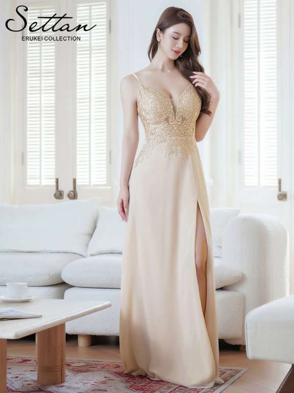 画像8: [送料無料][SETTAN]ピンク・ベージュ・Vネック・キャミソール・ラインストーン・レース・セクシー・シアー・シースルー・Aライン・ロングドレス[即日発送][大きいサイズあり] (8)