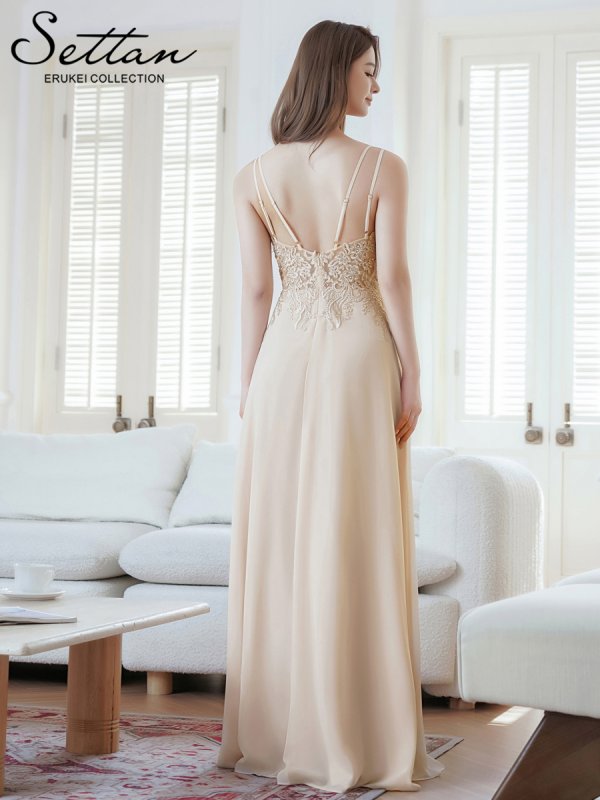 画像9: [送料無料][SETTAN]ピンク・ベージュ・Vネック・キャミソール・ラインストーン・レース・セクシー・シアー・シースルー・Aライン・ロングドレス[即日発送][大きいサイズあり] (9)