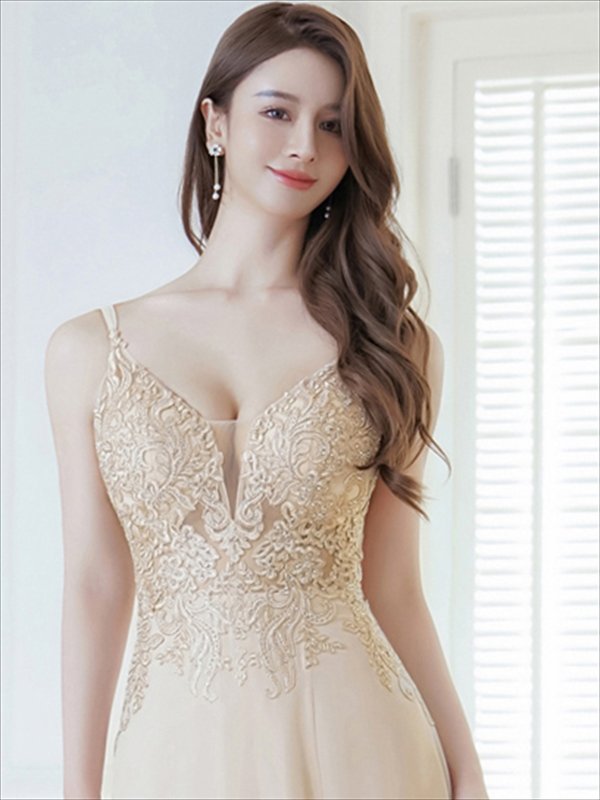 画像10: [送料無料][SETTAN]ピンク・ベージュ・Vネック・キャミソール・ラインストーン・レース・セクシー・シアー・シースルー・Aライン・ロングドレス[即日発送][大きいサイズあり] (10)