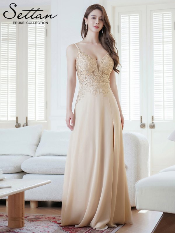 画像11: [送料無料][SETTAN]ピンク・ベージュ・Vネック・キャミソール・ラインストーン・レース・セクシー・シアー・シースルー・Aライン・ロングドレス[即日発送][大きいサイズあり] (11)