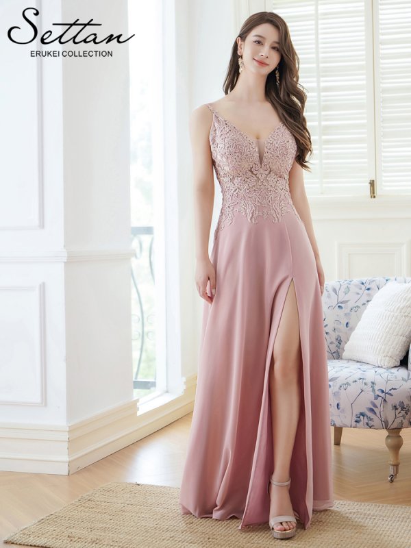 画像2: [送料無料][SETTAN]ピンク・ベージュ・Vネック・キャミソール・ラインストーン・レース・セクシー・シアー・シースルー・Aライン・ロングドレス[即日発送][大きいサイズあり] (2)