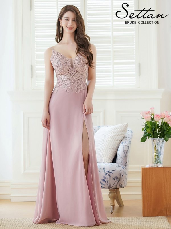 画像5: [送料無料][SETTAN]ピンク・ベージュ・Vネック・キャミソール・ラインストーン・レース・セクシー・シアー・シースルー・Aライン・ロングドレス[即日発送][大きいサイズあり] (5)