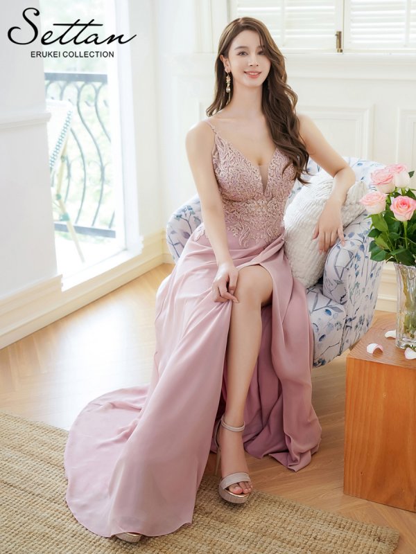 画像6: [送料無料][SETTAN]ピンク・ベージュ・Vネック・キャミソール・ラインストーン・レース・セクシー・シアー・シースルー・Aライン・ロングドレス[即日発送][大きいサイズあり] (6)