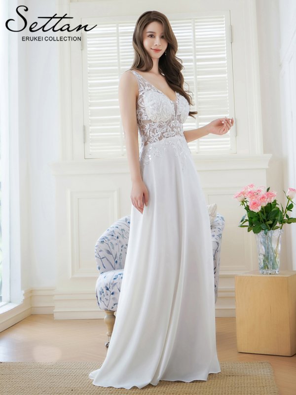 画像8: [送料無料][SETTAN]ワインレッド・ホワイト・Ｖネック・エレガント・胸元レース・ビーズ・スパンコール・Aライン・ロングドレス[即日発送][大きいサイズあり] (8)