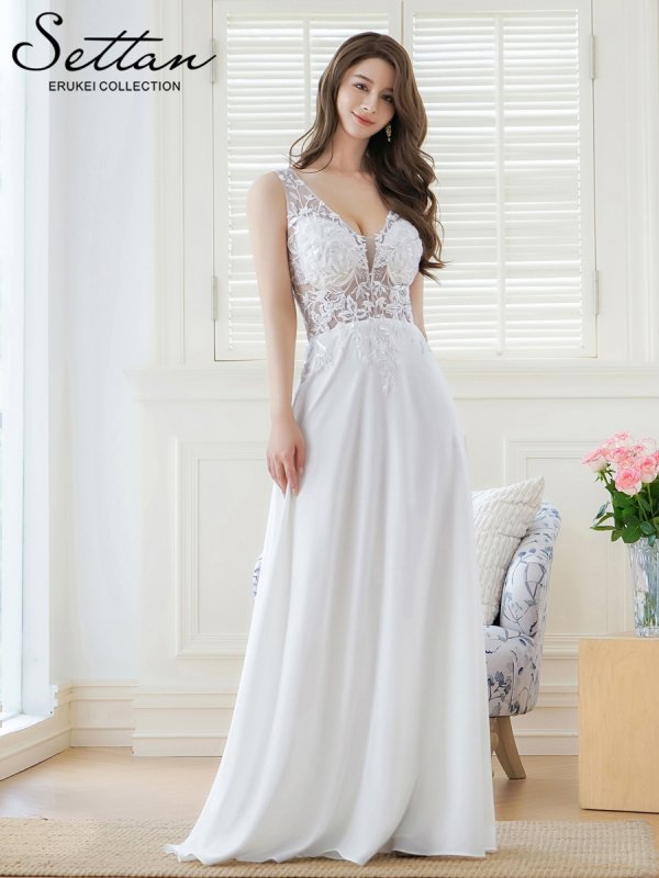 画像11: [送料無料][SETTAN]ワインレッド・ホワイト・Ｖネック・エレガント・胸元レース・ビーズ・スパンコール・Aライン・ロングドレス[即日発送][大きいサイズあり] (11)