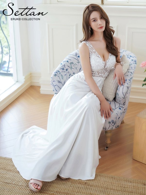 画像12: [送料無料][SETTAN]ワインレッド・ホワイト・Ｖネック・エレガント・胸元レース・ビーズ・スパンコール・Aライン・ロングドレス[即日発送][大きいサイズあり] (12)