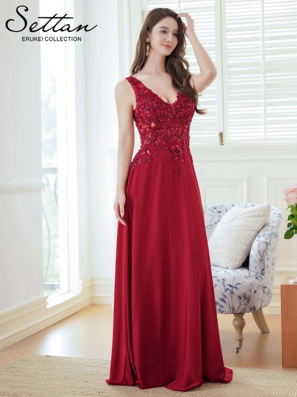 画像2: [送料無料][SETTAN]ワインレッド・ホワイト・Ｖネック・エレガント・胸元レース・ビーズ・スパンコール・Aライン・ロングドレス[即日発送][大きいサイズあり] (2)