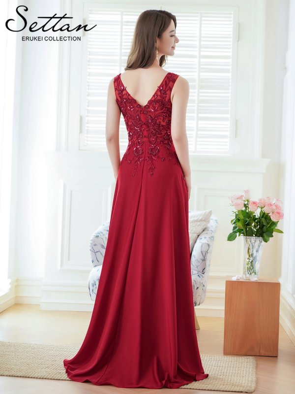 画像3: [送料無料][SETTAN]ワインレッド・ホワイト・Ｖネック・エレガント・胸元レース・ビーズ・スパンコール・Aライン・ロングドレス[即日発送][大きいサイズあり] (3)