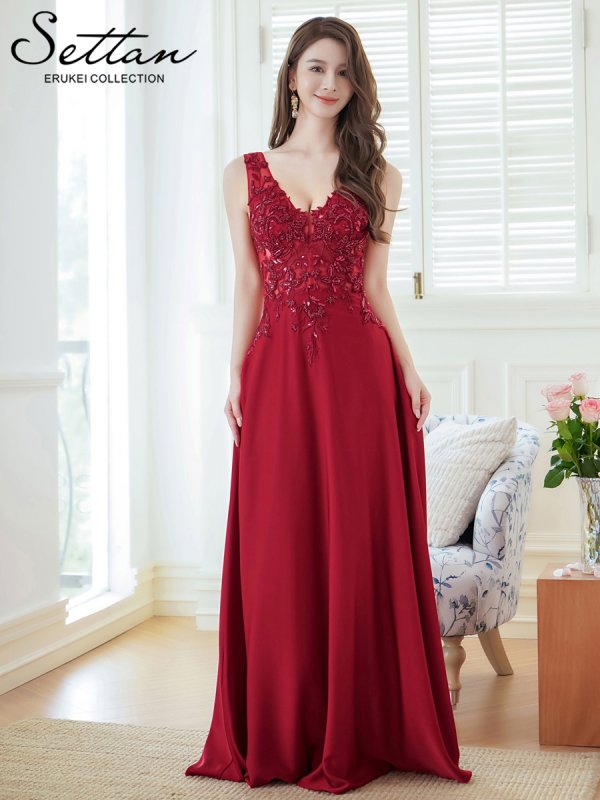 画像5: [送料無料][SETTAN]ワインレッド・ホワイト・Ｖネック・エレガント・胸元レース・ビーズ・スパンコール・Aライン・ロングドレス[即日発送][大きいサイズあり] (5)