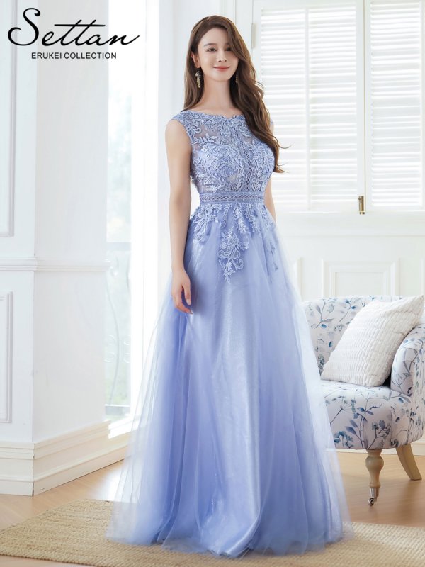 画像2: [送料無料][SETTAN]ブルー・ラメ・レース・オーガンジー・ラインストーン・刺繍・ノースリーブ・Aライン・ロングドレス[即日発送][大きいサイズあり] (2)