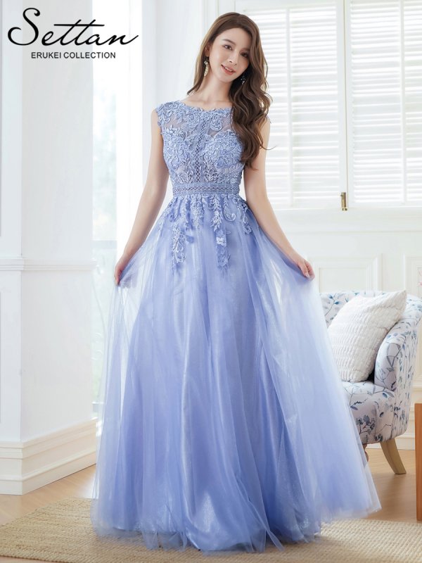 画像5: [送料無料][SETTAN]ブルー・ラメ・レース・オーガンジー・ラインストーン・刺繍・ノースリーブ・Aライン・ロングドレス[即日発送][大きいサイズあり] (5)