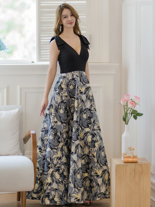 画像2: [送料無料][SETTAN]ブラック×グレー・花柄・リボン・ジャガード・切替・Vネック・ノースリーブ・Aライン・ロングドレス[即日発送][大きいサイズあり] (2)