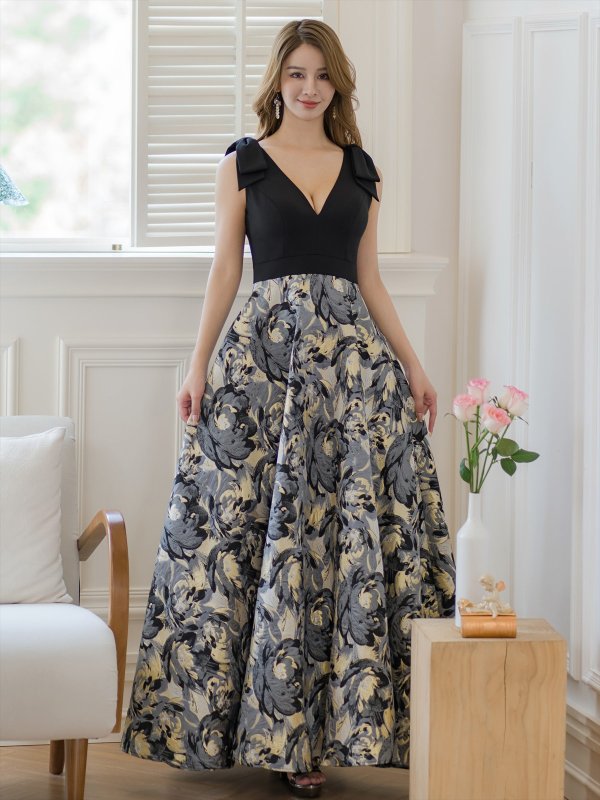 画像5: [送料無料][SETTAN]ブラック×グレー・花柄・リボン・ジャガード・切替・Vネック・ノースリーブ・Aライン・ロングドレス[即日発送][大きいサイズあり] (5)