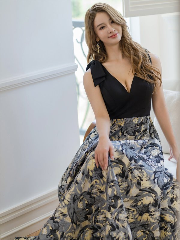 画像6: [送料無料][SETTAN]ブラック×グレー・花柄・リボン・ジャガード・切替・Vネック・ノースリーブ・Aライン・ロングドレス[即日発送][大きいサイズあり] (6)