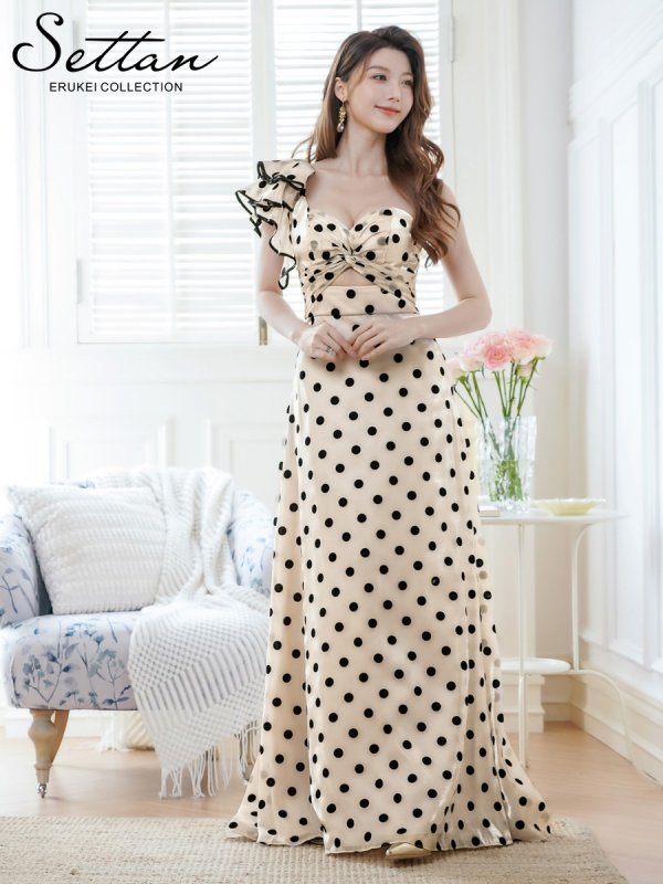 画像2: [送料無料][SETTAN]ベージュ×ブラック・ワンショルダー・ドット・フリル・カットアウト・スピンドル・Aライン・ロングドレス[即日発送][大きいサイズあり] (2)