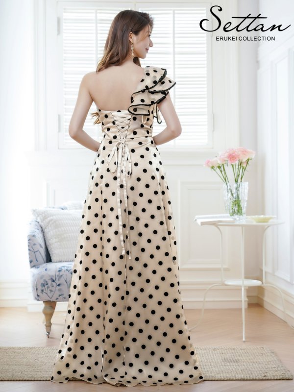 画像3: [送料無料][SETTAN]ベージュ×ブラック・ワンショルダー・ドット・フリル・カットアウト・スピンドル・Aライン・ロングドレス[即日発送][大きいサイズあり] (3)