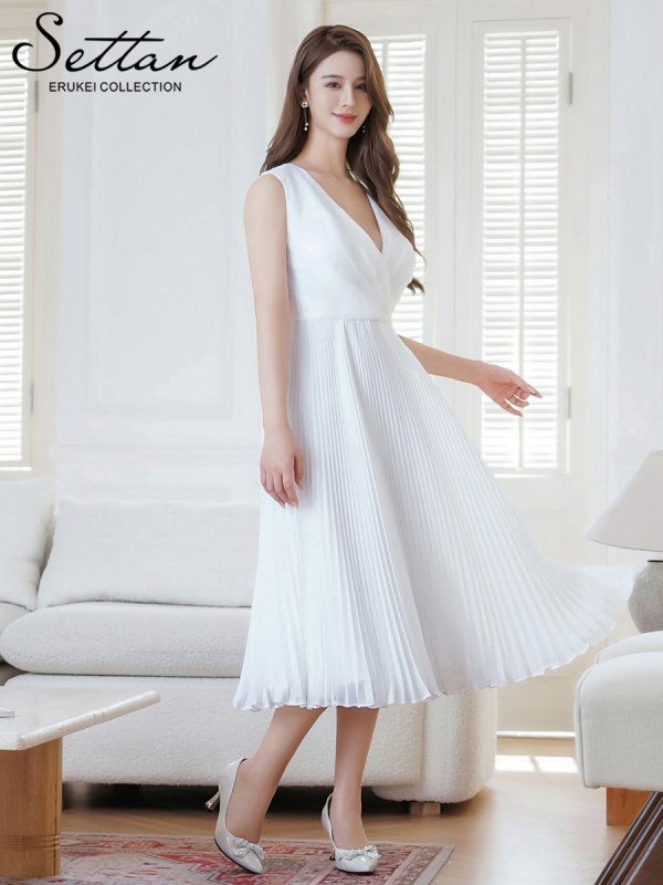 画像8: [送料無料][SETTAN]ネイビー・ホワイト・シンプル・無地・細プリーツ・Vネック・ノースリーブ・Aライン・ミディアムドレス・ワンピース[即日発送][大きいサイズあり] (8)