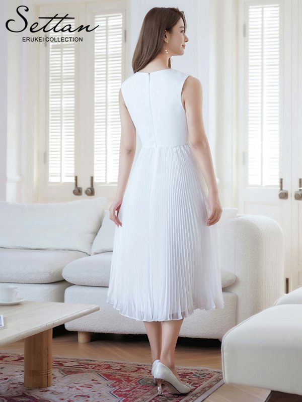 画像9: [送料無料][SETTAN]ネイビー・ホワイト・シンプル・無地・細プリーツ・Vネック・ノースリーブ・Aライン・ミディアムドレス・ワンピース[即日発送][大きいサイズあり] (9)