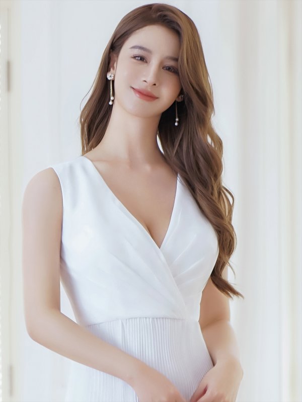 画像10: [送料無料][SETTAN]ネイビー・ホワイト・シンプル・無地・細プリーツ・Vネック・ノースリーブ・Aライン・ミディアムドレス・ワンピース[即日発送][大きいサイズあり] (10)